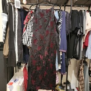 Vintage Y2K Black Satin with Red Burgundy Velvet Roses Maxi Formal Dress Small